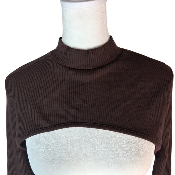 Y2K Dark Brown Ribbed Bolero Shrug Sweater Longsleeve Mock Neck Layering Piece - Picture 5 of 8
